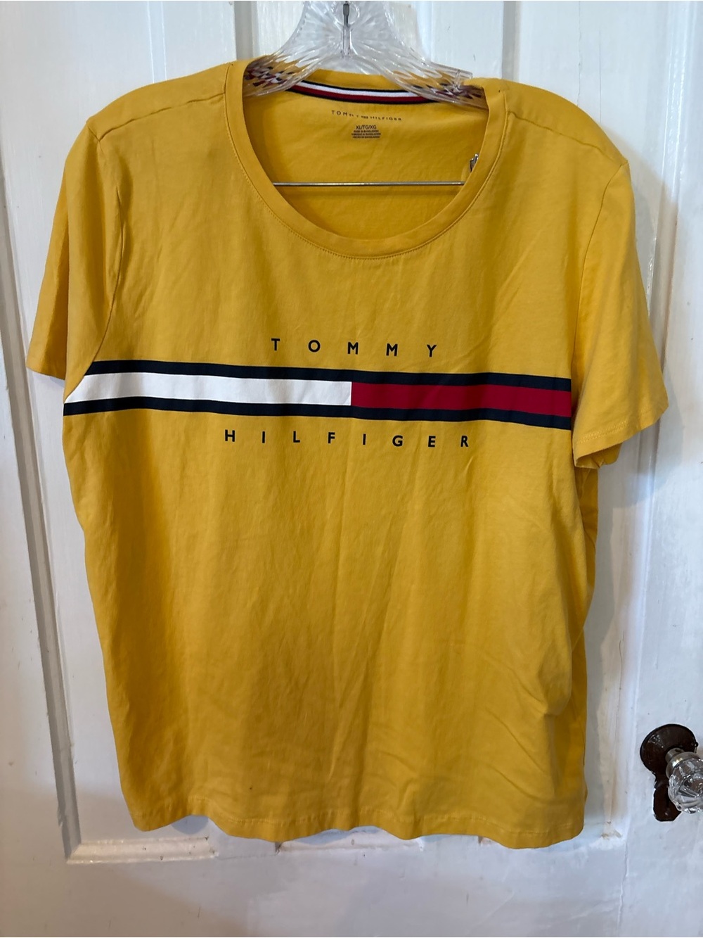 Vintage Tommy Hilfiger Yellow Short Sleeve Logo Crew Tee with Stripe